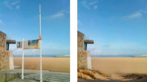 Acceso a la playa de Poniente. A la izquierda actualmente, a la derecha tras la reforma