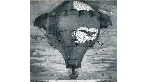 Grabado del globo aerost�tico utilizado por el astr�nomo franc�s Jules Janssen para escapar del asedio de Par�s e ir a ver un eclipse al norte de �frica