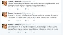 Algunos de los tuits lanzados por Llamazares contra Podemos