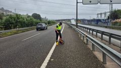Un agente de la Guardia Civil investiga el lugar del accidente en la AS-II