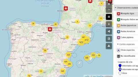 Detalle del mapa interactivo de Mosquito Alert con la presencia del mosquito japon�s y tigre en Espa�a