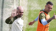 Claudio Gir�ldez y Iago Aspas saludando en el �ltimo entrenamiento de la temporada.