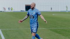 El delantero del Ourense CF, Sergio Benito, tras anotar el tercer gol ante el Lugo