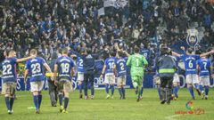 Real Oviedo Sporting Carlos Tartiere derbi.Los futbolistas del Real Oviedo celebran la victoria frente al Sporting
