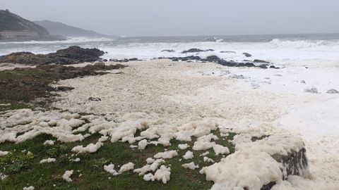 Una espesa capa de espuma marina lleg� a cubrir por completo la playa de Os Frades