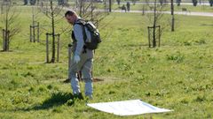 Alberto Esp� haciendo una captura de garrapatas con el m�todo de arrastre de una tela (toalla de rizo) en el parque de Los Pericones de Gij�n