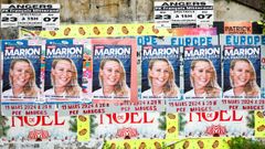 Carteles electorales de Marion Marchal, cabeza de lista de la fuerza derechista francesa Reconqute en las elecciones al parlamento europeo