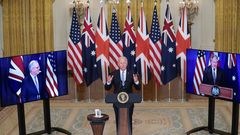 Joe Biden durante la reuni�n virtugal con el primer ministro australiano,  Scott Morrison, y el brit�nico, Boris Johnson.