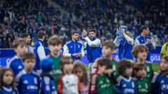 Los jugadores del Real Oviedo, antes del partido ante el Albacete