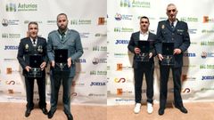 <span lang= gl >Tono Campos e Diego Romero, xuntos � esquerda, e Ram�n Ferro co seu excompa�eiro de C2 mundialista, o pontevedr�s Ram�n Gra�a, con cadanseu Laurel Ol�mpico do COE.</span>