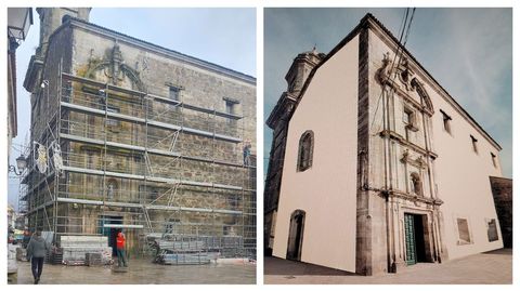 La iglesia de San Pedro, en el casco histrico de Melide, en su estado actual con andamios y piedra vista, y recreacin (derecha) con el polmico proyecto de lienzo encalado