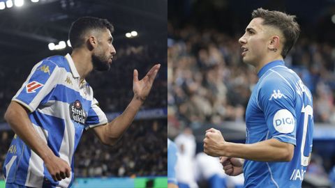 Zakaria Eddahchouri y Yeremay festejan alguno de los goles que han marcado y que han aupado al Deportivo al liderato de Segunda Divisin