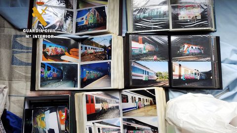 Diferentes fotograf�as de vagones de tren pintados con grafitis tras la operaci�n contra estas pintadas en vagones de tren realizados en varios puntos de Espa�a y Europa