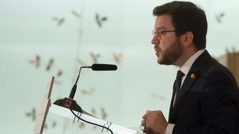  El vicepresidente de la Generalitat de Catalu�a, Pere Aragon�s, durante su intervenci�n este jueves en un desayuno informativo en Madrid