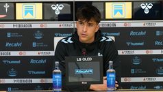 El portero del Celta Coke Carrillo, en la rueda de prensa posterior al triunfo frente al Cacere�o.