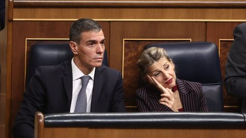 El presidente del Gobierno, Pedro S�nchez, y la vicepresidenta segunda y ministra de Trabajo y Econom�a Social, Yolanda D�az, durante una sesi�n de control al Gobierno, en el Congreso de los Diputados.