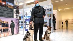 Un agente del servicio cinol�gico de la Guarcia Civil de Ourense, con dos de los perros que forman parte del equipo