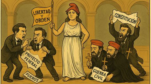 Esta es la propuesta que nos ha hecho ChatGPT5: imitando las caricaturas de la poca, la Repblica viste gorro frigio (smbolo revolucionario) y mira preocupada cmo los republicanos se pelean entre s por si el rgimen ser federalista (autonomista) o unitario (centralizado en Madrid); los carlistas rezan por ganar la guerra civil y, al fondo, los intransigentes (lo que hoy llamaramos la izquierda) protestan por todo.