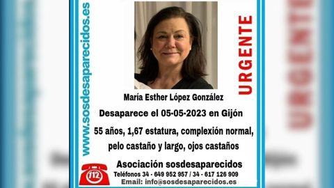 La Asociaci�n SOS Desaparecidos ha lanzado un mensaje a trav�s de las redes sociales para tratar de localizar a una mujer de 55 a�os desaparecida en Gij�n este viernes 5 de mayo.