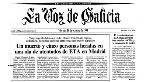 Portada de La Voz al da siguiente de la ola de atentados de ETA en Madriden la que resultaron heridasde gravedad Irene Villa y su madre