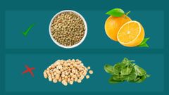 La fuente de hierro siempre ha de combinarse con una fuente de vitamina C, mientras que se debe evitar la mezcla entre una fuente de calcio con verduras de hoja verde. 