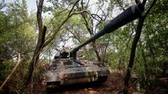 Un tanque alem�n oculto en el Domb�s, regi�n donde se celebran los referendos para anexionarse a Rusia.