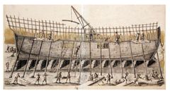 Ilustración con las primeras construcciones de barcos en Ferrol, en la Edad Moderna