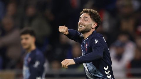 El jugador del Celta Javi Rueda, celebrando su gol ante el Lyon.