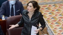 Isabel Díaz Ayuso, en un pleno de la Asamblea de Madrid donde se hizo referencia a los contratos de su hermano