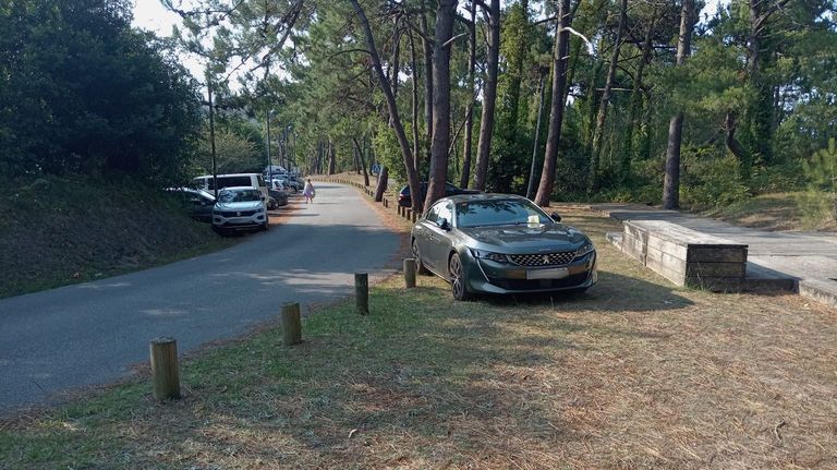 Uno de los turismos estacionados en el pinar de la playa de Abrela que fueron sancionados el martes