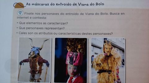 Imagen del libro de quinto de Primaria que confunde el boteiro de Viana con otras mscaras de entroido