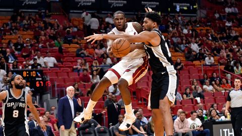 San Antonio Spurs forward Dedric Lawson (17) defends against Miami Heat guard Dion Waiters (11) during the second half at American Airlines Arena
