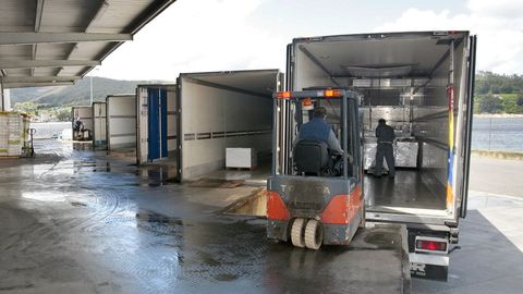 Camiones descargando pescado capturado en Gran Sol en la lonja de Celeiro, en una foto de archivol 