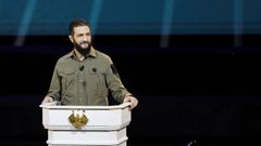 El presidente sirio, Ahmed al Sharaa, durante su discurso en el primer aniversario de la ca�da de Bachar al Asad