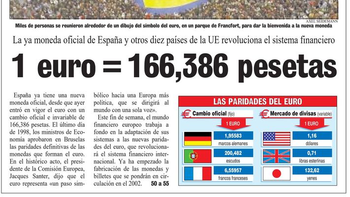 166,386 pesetas. Cuatro a�os m�s tarde, en 1999, se fij� el cambio a euros que refleja La Voz del 2 de enero.