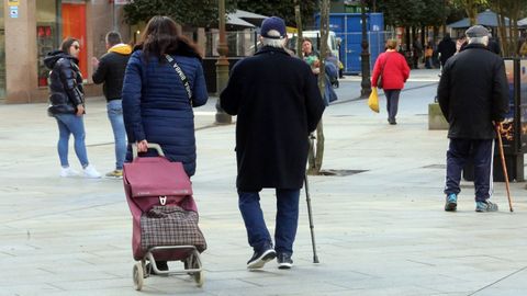 Una mujer camina con su carrito de la compra en Vilagarc�a.