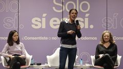 Las ministras de Derechos Sociales, Ione Belarra, e  Igualdad, Irene Montero, participan junto a la delegada del Gobierno Contra la Violencia de Género, Victoria Rosell, en el acto «¿Consentiste o no? Solo sí es sí», organizado por Podemos