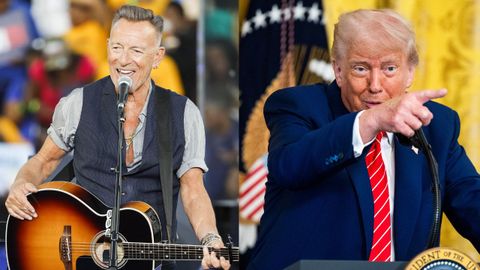 Bruce Springsteen durante una actuacin y Donald Trump en una rueda de prensa.
