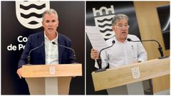 Rafa Domnguez, portavoz del PP de Pontevedra; y el alcalde, Miguel Anxo Fernndez Lores (BNG), en sendas comparecencias este jueves en el Concello