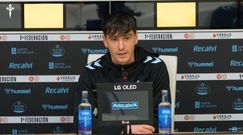 El futbolista del Celta Fortuna Jan Oliveras, en su comparecencia posterior al triunfo del filial ante el Cacere�o.
