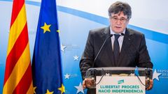 Carles Puigdemont, durante una rueda de prensa tras una reunin de su partido en Bruselas 