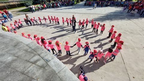 Un grupo de alumnos se distrajo bailando en corro y cantando mientras llegaban al Parque dos Condes los dems participantes en la marcha