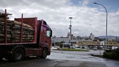 Un cami&oacute;n cargado de madera entrando este jueves en la factor&iacute;a de Ence en Navia