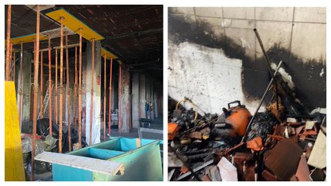 A la izquierda, estado aún ayer de los trasteros del edificio que sufrió un incendio en Mugardos; a la derecha, zona donde se originó el fuego