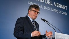 El expresidente y candidato a las elecciones catalanas Carles Puigdemont en un acto en Perpin, Francia.