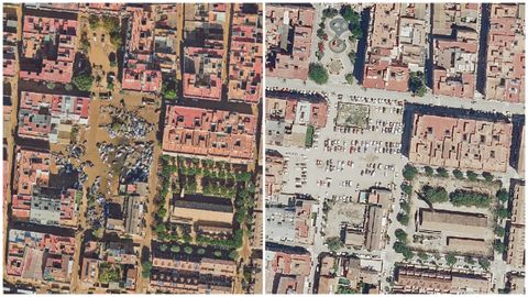 A la izquierda, as� estaba una zona residencial de Paiporta hace un a�o. A la derecha, c�mo est� ahora.