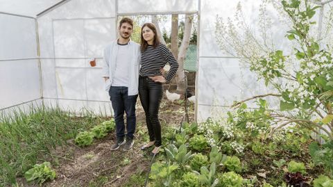 Carlos y Beatriz, en el invernadero que contruyeron en la finca de su casa