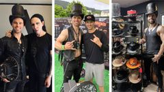 Marcos Souto con Marylin Manson, uno de sus clientes; con Michael Pfaff, de la banda Slipknot; y�junto a algunos de sus sombreros (la mayor�a inspirados en el rock y el �heavy� metal, aunque tambi�n recibe encargos de otro tipo)