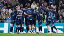 Los jugadores del Celta celebran el primer tanto ante el Real Madrid.