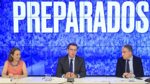 La portavoz en el Congreso, Cuca Gamarra, el l�der del PP, Alberto N��ez Feijoo y el coordinador general del partido, El�as Bendodo, presidiendo la reuni�n del Comit� Ejecutivo Nacional